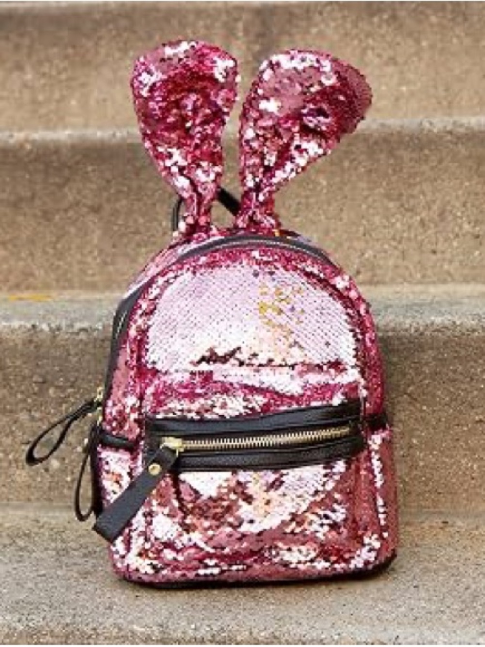 NWT Pink Sequin Bunny Backpack with Playful Ears Whimsy, sparkle, maximalist